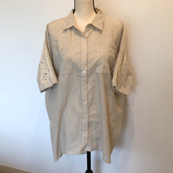 Umgee striped shirt beige with lace pattern SZ  L button down - Picture 10 of 10